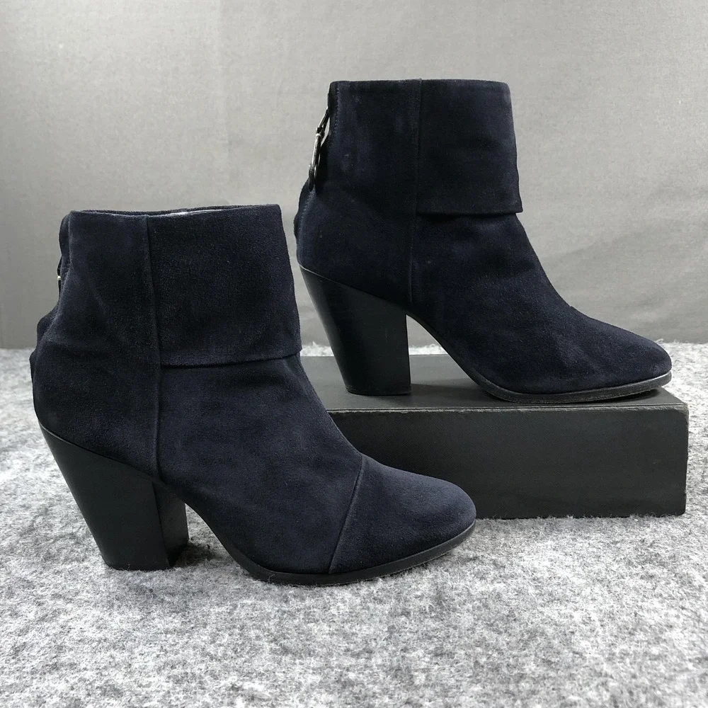 Rag & Bone Newbury 2.0 Boots Womens 9 Navy Suede Ankle Zip Block Heel Casual